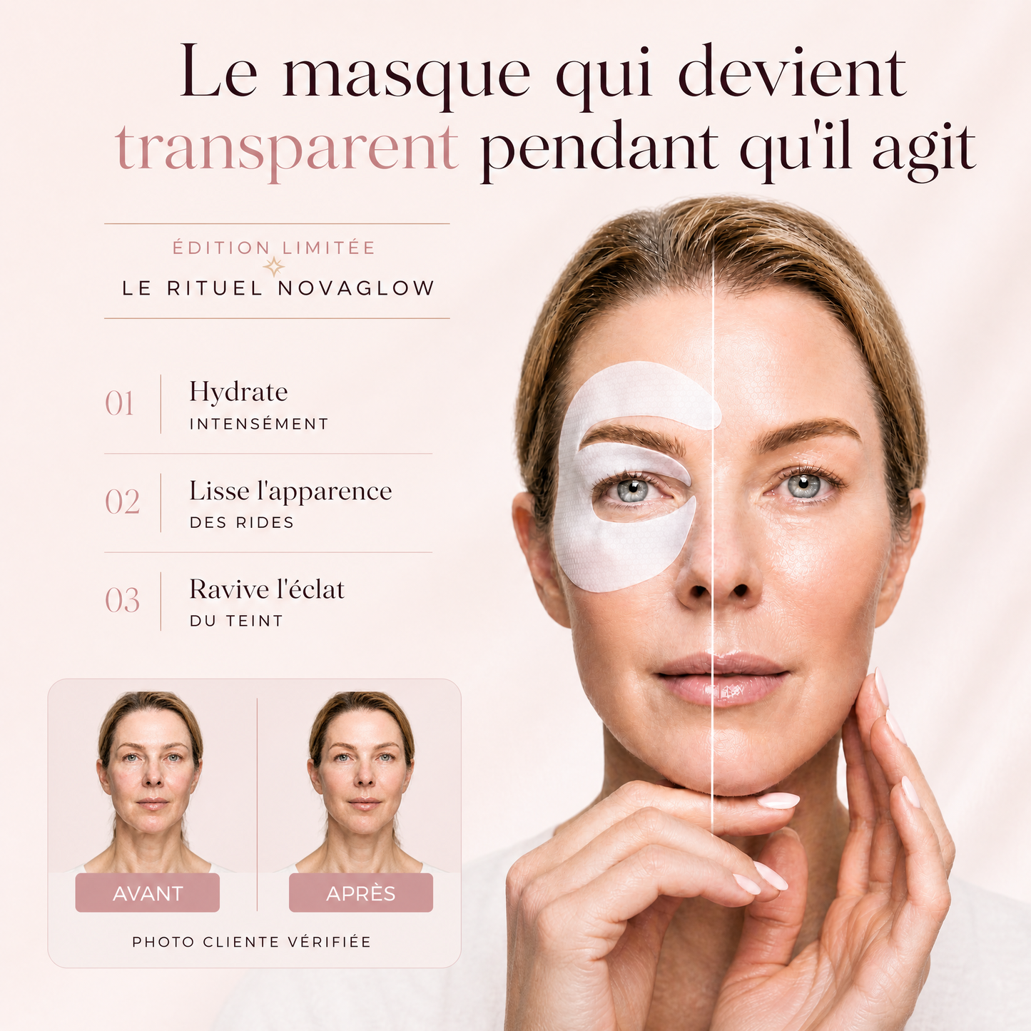 Masque Glowlift+ transparent en action, avant/après